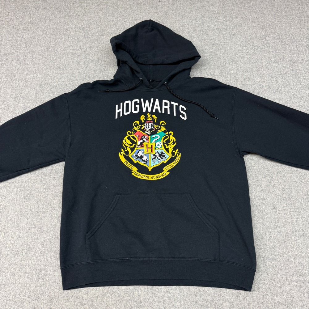 Harry Potter Hogwarts Crest Hoodie Size Large Black Graphic Pullover Sweatshirt
